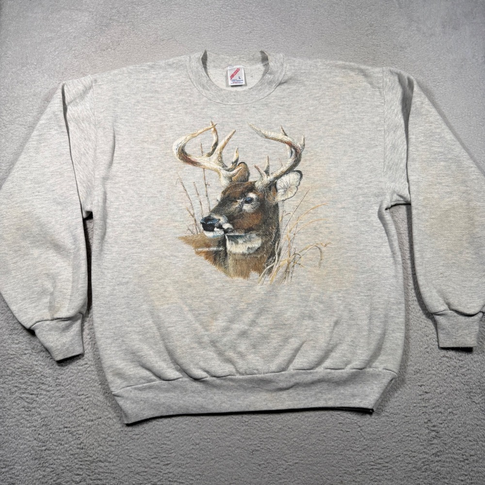 Vintage 90s Jerzees Sweatshirt L Gray Buck Deer Graphic Made in USA Crewneck